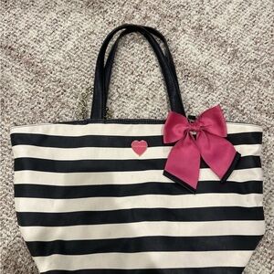 Betsey Johnson Black and White Striped Tote with Bow Accent
